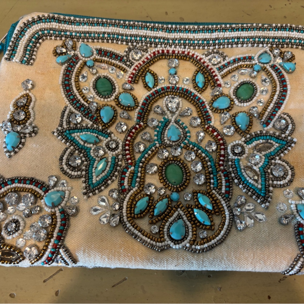 Embellished Cream and Turquoise Clutch